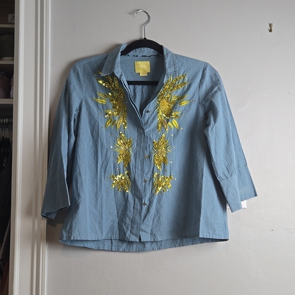 Anthropologie Maeve Gold Sequin Poplin Buttondown Blouse Blue Stripe-Size 2 - Picture 6 of 17